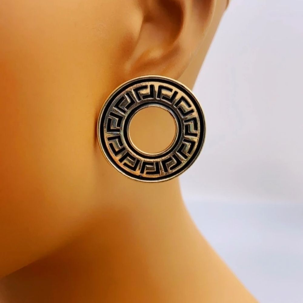 Designer Inspired Stud Earrings Black & Gold Round - Picture 6 of 6